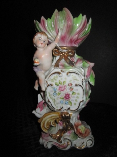 Tall Ucago Ceramic Cherub/Bird/Floral Vase Wide Body Gilted Trim, Rose Motif