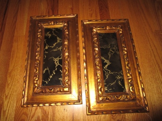Pair - Dark Tint/Craze Motif Wall Mounted Mirrors in Curved Wooden Gilted Frames/Matt