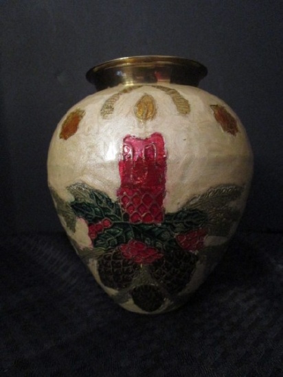 Hand Painted Candle/Grape Motif Urn Design Vase Metal, Brass Trim