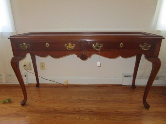 Wooden Entry Table 2 Drawers w/ Brass Batwing Pulls Escutcheons, Bow Skirting