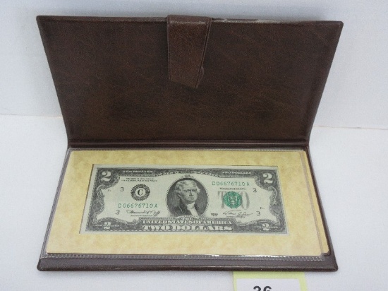 1976 First Day Issue U.S. $2.00 Bicentennial Commemorative Bill Sealed in Presentation Wallet