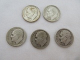 5 Roosevelt Silver Dimes 1946, '47, Two '48 & '60 Each 90% Silver Each Weight .0723oz.