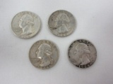 Four 1964 Washington Silver Quarters 90% Silver Each Weights .1808oz.