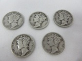 5 Mercury Silver Dimes 1936, 1937, 1940 & Two 1943, Each 90% Silver Weight .0723oz.