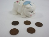 Lot - 5 Wheat Lincoln Pennies & Small Ceramic Piggy Bank w/ Pennies