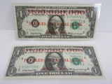 2 One Dollar Bill Notes w/ Red Stamped Peoples National Bank $100,000,000