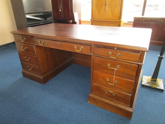 Hoosier Desks Wooden Office Desk 7 Dovetailed Drawers, 1 File Drawer, Brass Pulls