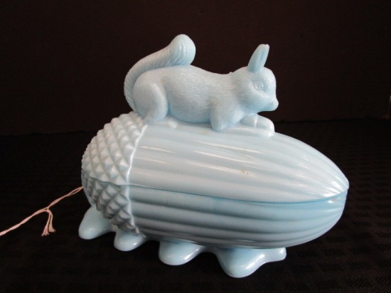 Blue Milk Glass Acorn w/ Squirrel Dish