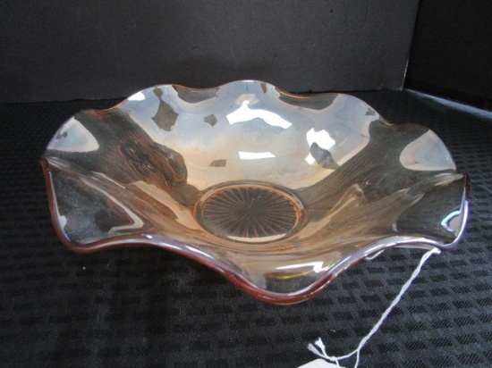 Amber Glass Fruit Bowl w/ Wave Rim, Cut Floral Pattern, Star-Cut Base