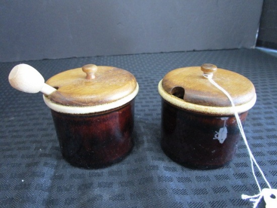 Pair - Glazed Stoneware Honey Pots w/ Wood Lids, 1 w/ Honey Spool