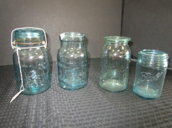 4 Blue Vintage Glass Canning Jars Atlas No.5 w/ Lid 7 1/4" H, Atlas E-Z Seal 7" H