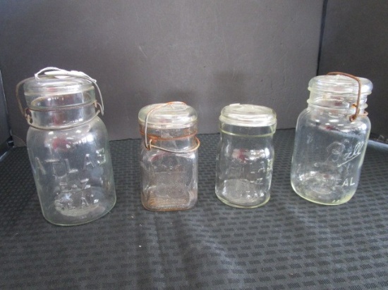 4 Clear Glass Vintage Canning Jars Atlas E-Z w/ Lid No.10, Ball A8, Atlas E-Z 5 1/2" H