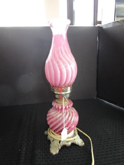 Electric Lamp Pink Swirl Glass Hurricane Shade w/ Leaf Design Brass Base