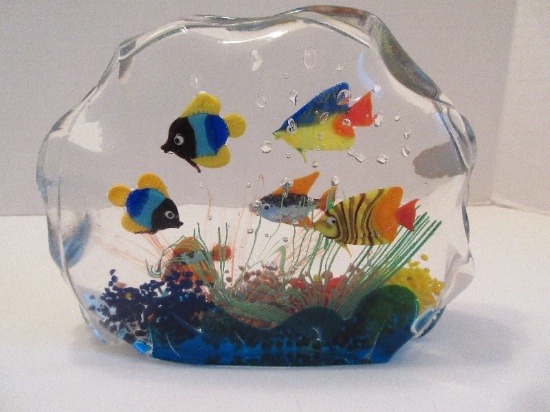 Murano Art Glass Aquarium Sculpture w/ Colorful Tropical Fish & Aquatic Plants