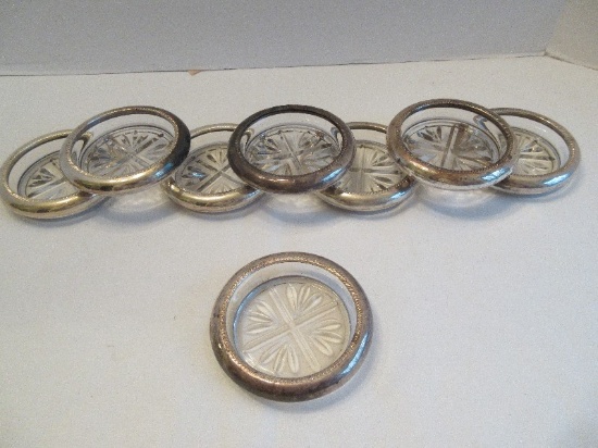 Set - 8 F.B Rogers Silver Co. Embossed Sterling Rim Crystal Coasters