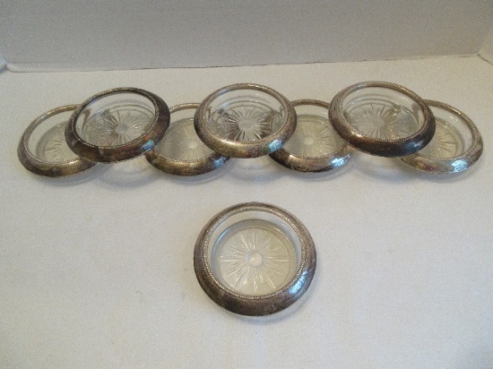 Set - 8 Frank M. Whiting & Co. Embossed Sterling Rim Crystal Coasters