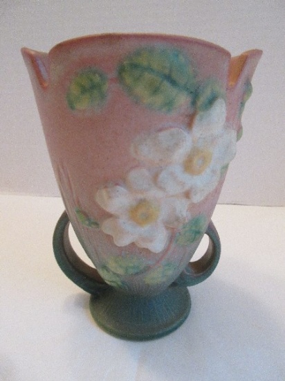 Roseville Pottery Art Pottery White Rose Pattern 6" Vase Pink/Green Background