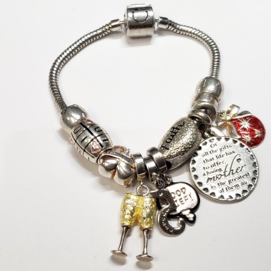 Silver Persona Label Bracelet w/ Faith, Mother, Champaign, I-Heart-U Pendants
