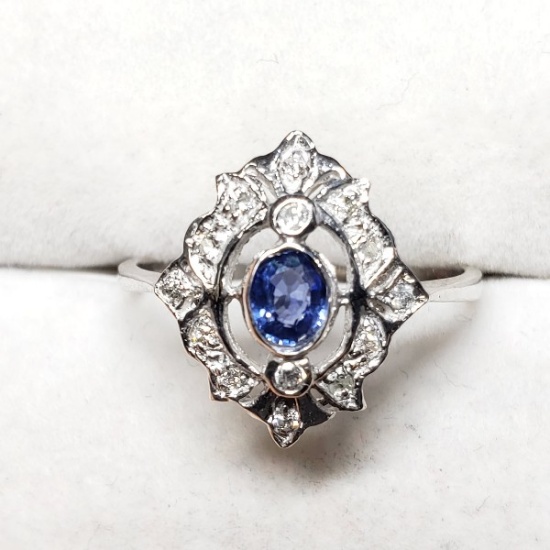 14K White Gold Blue Sapphire 0.33ct Diamond 0.14ct Ring