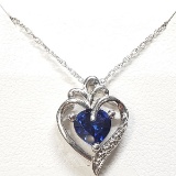 Silver Created Blue Sapphire Heart Pendent 18