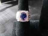 S925 Ring w/ Large Blue Sapphire Center Engraved Pattern