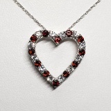Silver Natural Garnet Cubic Zirconia Heart Shaped Pendant w/ Chain Necklace