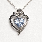 Silver Simulated Aquamarine Heart Shaped Pendant w/ Chain Necklace