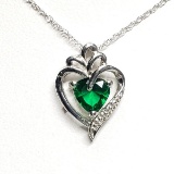 Silver Simulated Emerald Heart Shaped Pendant w/ Chain Necklace