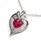 Silver Created Ruby Heart Shaped Pendant w/ Chain Necklace