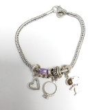 Silver Pandora Style 25gm Bracelet w/ Snoopy, Bead, Crown, Ring, Heart Pendants