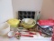 Lot - Kitchenware Pyrex Primary Colors Nesting Mixing Bowls, Wooden Rolling Pin, Aprons