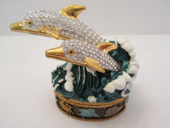Keepsake Collection Shimmering Rhinestone Swarovski Crystals Dolphin Pair Figual Trinket Box