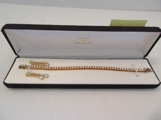 Tennis Bracelet w/ Matching Pendulous Pierced Earrings 18k Gold Over Sterling Silver