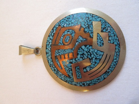 Stamped Metales Mexico MNR Turqouise Aztec Design 2" Pendant w/ Copper Accent