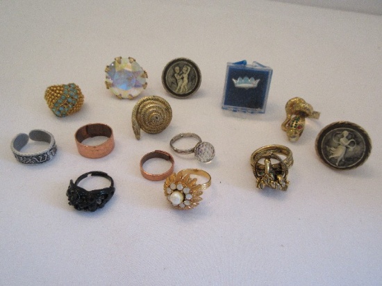Lot - Costume Jewelry Rings Cameos, Faux Pearl, Snake Coiled, Ram's Head, Etc.