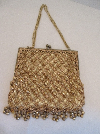 Vintage Goldtone Ladies Evening Bag w/ Faceted Beads Accent