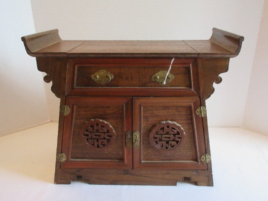 Teak Wood Oriental Design Jewelry Box w/ Medallion Accents, Mirrored Lift Top