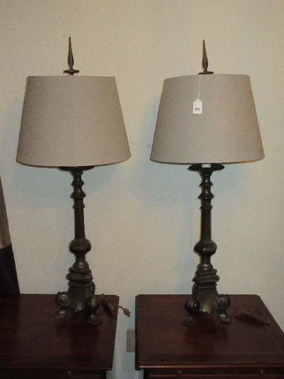 Pair - French Inspired Candle Stick Style Table Lamps Antiqued Patina