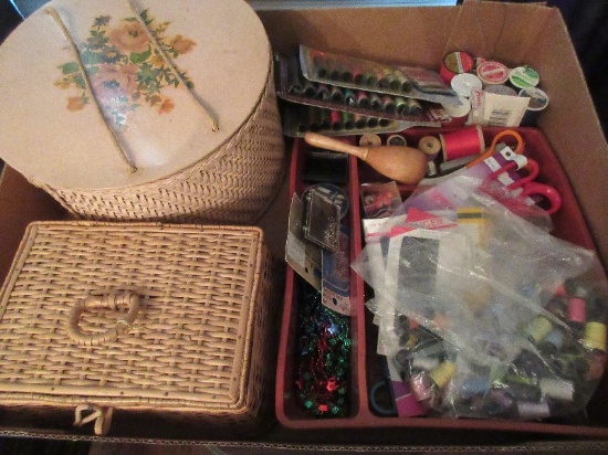 Sewing Lot - w/ Misc. Spools of Thread 2 Sewing Baskets, Wooden Sock Darner, Etc.