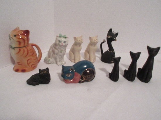 Lot - Cat Figurines Retro Black Cat Bell 5 1/2", Stone Critters, Tony Woods Creamer