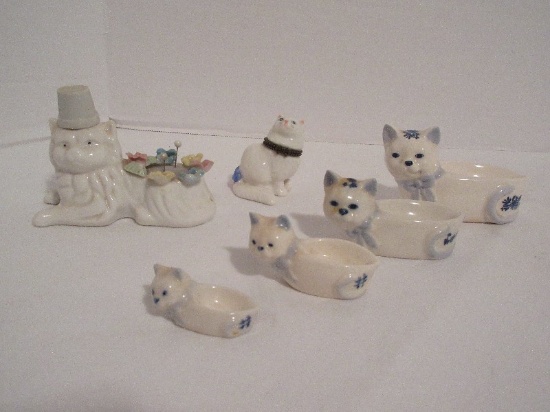 Lot - 4 Ceramic Cat Measuring Spoon Figurines, Bone China, Sewing Pin Cushion/Thimble Cat