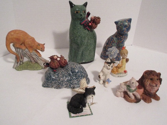 Lot - Cat Figurines Puma 5 1/2", Spongeware Cats 9"
