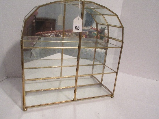 Brass Frame Glass Small Curio Display Cabinet w/ Mirrored Back Wall Accent/Free Standing