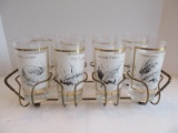 Set - 8 Glass Tumblers in Retro Handled Server Various Fish Designs 5 1/2