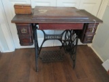 Treadle Singer Sewing Machine in Wood Veneer Cabinet on Cast Iron Base & Accessories