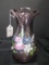 Pink Glass Wide-Narrow-Wide Vase w/ Crimped Rim, Hand Painted Floral Front