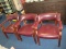 3 Burgundy Upholstered Chairs Pin Sides, Wood Legs