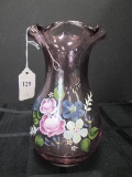 Pink Glass Wide-Narrow-Wide Vase w/ Crimped Rim, Hand Painted Floral Front