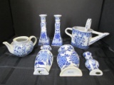 Lot - Pair Blue Floral Motif Candle Stick Holders, Teapot, Wall Mounted Vases Various Sizes