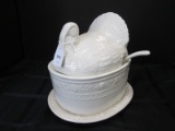 Chesapeake Portugal White Ceramic Casserole Oval Bowl w/ Ladle Grape/Berry Motif Trim